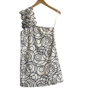 Ghita One Sholder White with Blac Circle Print Mini Dress Size Small